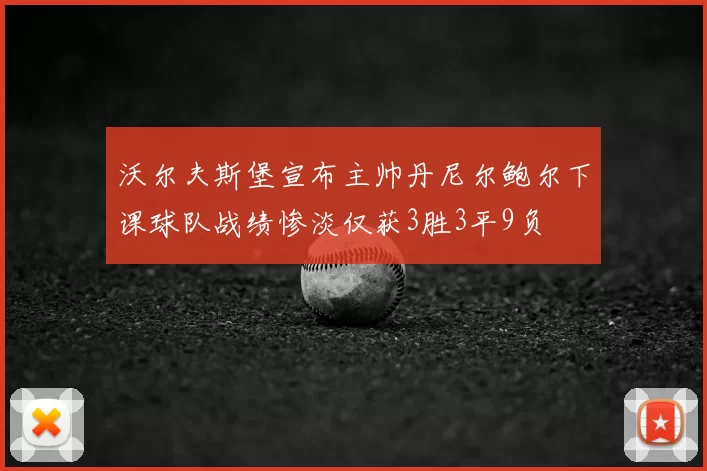 沃尔夫斯堡宣布主帅丹尼尔鲍尔下课球队战绩惨淡仅获3胜3平9负